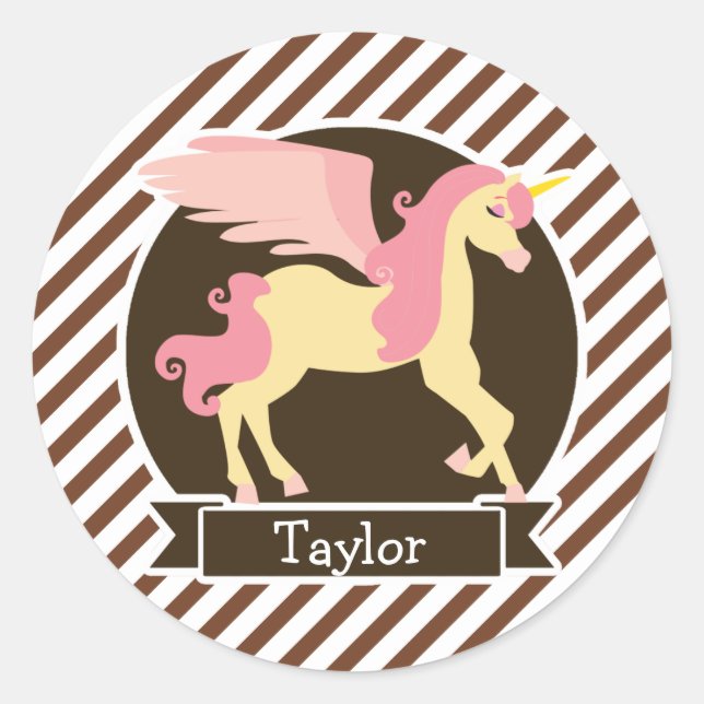 Sticker Rond Unicorne d'Imaginaire rose et jaune; bandes blanch (Devant)