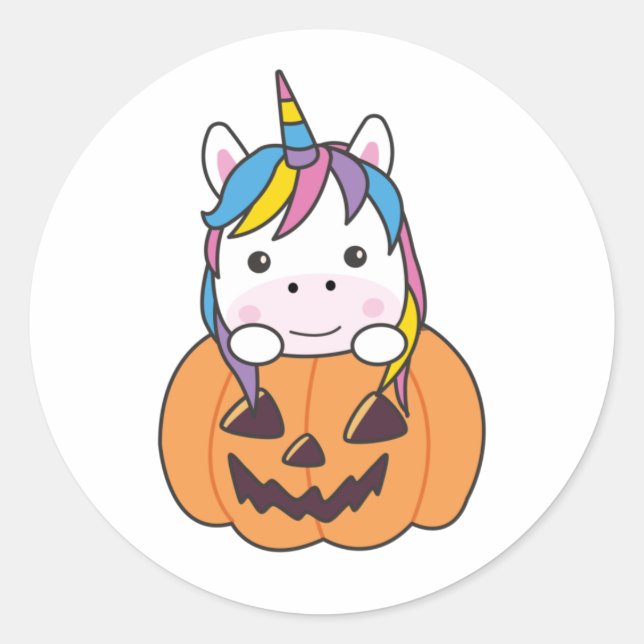 Sticker Rond Unicorne En Citrouille Cute Unicorns Halloween Heu (Devant)