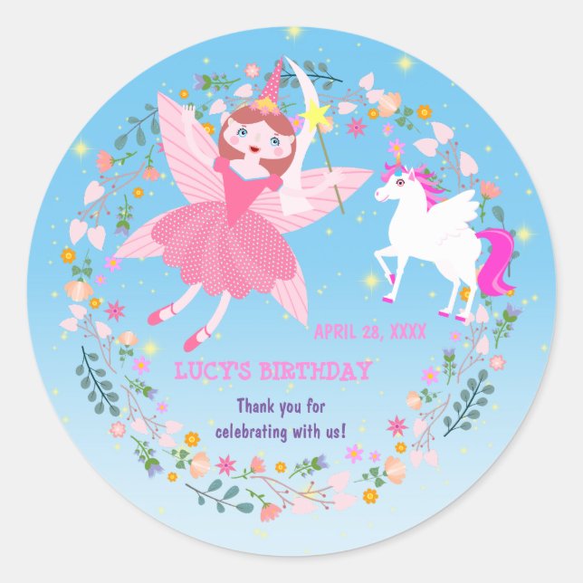 Sticker Rond Unicorne et Fairy Magie fête d'anniversaire (Devant)