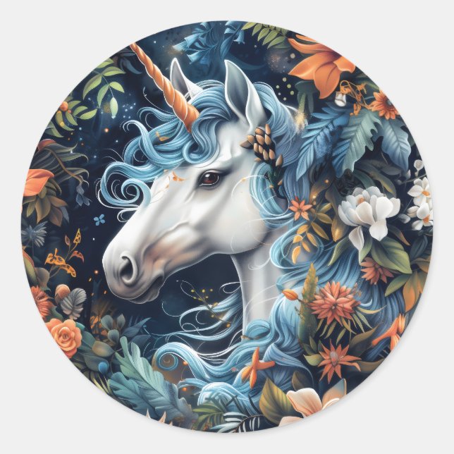 Sticker Rond Unicorne et fleurs design imaginaire (Devant)