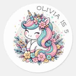Sticker Rond Unicorne et fleurs rose et bleu Personnalisé