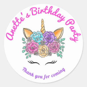Sticker Rond Unicorne Fleurs de Visage   Merci d'anniversaire