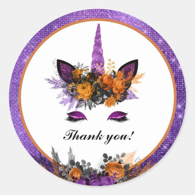 Sticker Rond Unicorne Halloween Floral Anniversaire Merci (Devant)