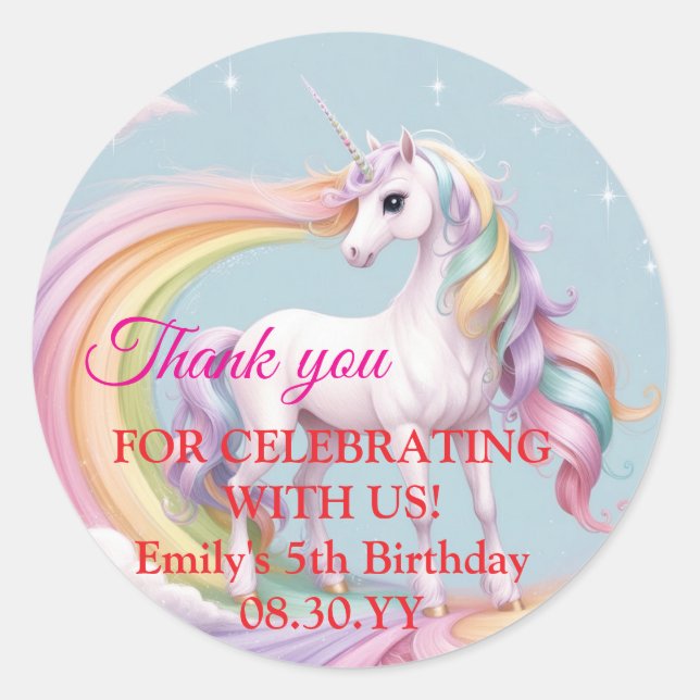Sticker Rond Unicorne magique personnalisée Rainbow Anniversair (Devant)