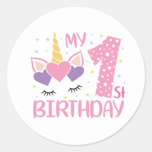 Sticker Rond unicorne mignonne première fille d'anniversaire