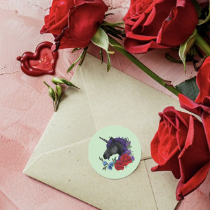 Sticker Rond Unicorne noire violet Fleurs rouges