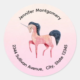 Sticker Rond Unicorne nordique rose avec l'adresse Mane noire