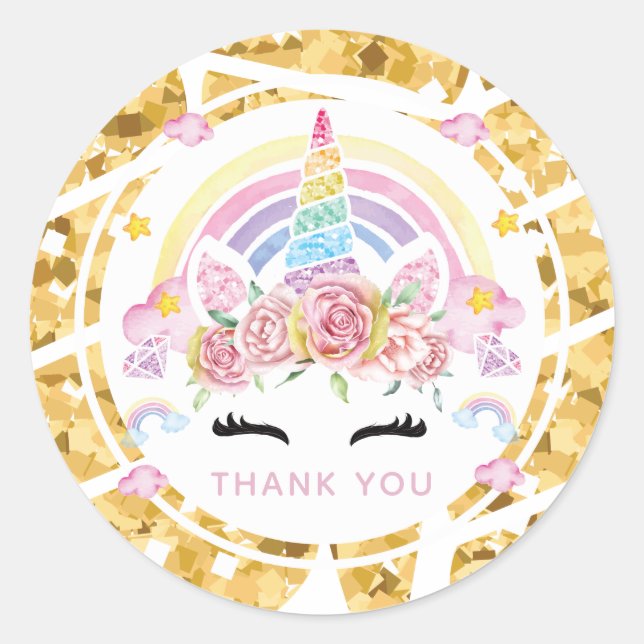 Sticker Rond Unicorne or Merci d'anniversaire (Devant)