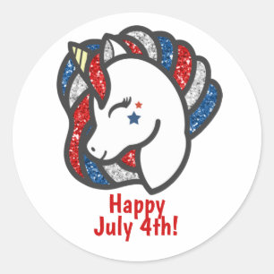 Sticker Rond Unicorne Patriotique Sparkly Rouge, Blanc et Bleu