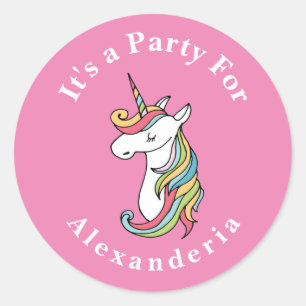 Sticker Rond Unicorne personnalisée Rainbow rose fête d'anniver