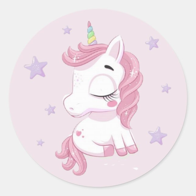 Sticker Rond Unicorne rose avec étoiles violettes (Devant)