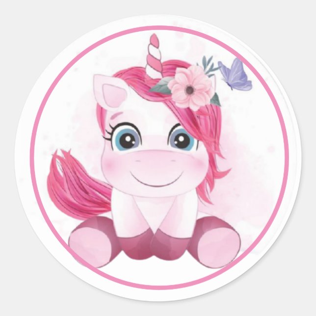 Sticker Rond Unicorne rose avec fleurs et papillon (Devant)