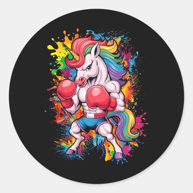 Sticker Rond Unicorne Rose Drôle Avec Gants De Boxe (Devant)