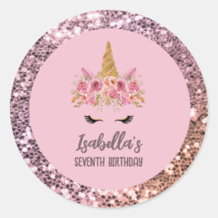 Sticker Rond Unicorne rose Parties scintillant florale fête d'a