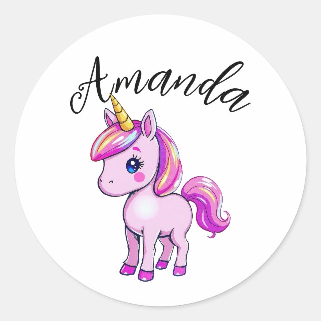 Sticker Rond Unicorne rose vibrant Nom de la fille (Devant)