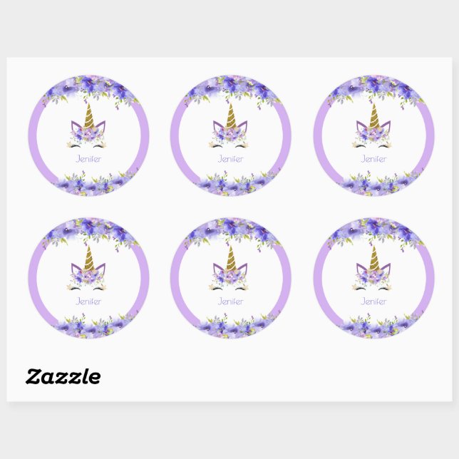 Sticker Rond Unicorne violet frais Décorations d'anniversaire (Feuille)