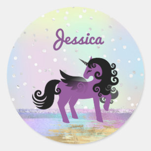 Sticker Rond Unicorne violette sur un nuage de Parties scintill