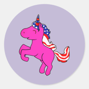 Sticker Rond Unicorne Yarrow Pink Patriotic USA Drapeau Mane Ar