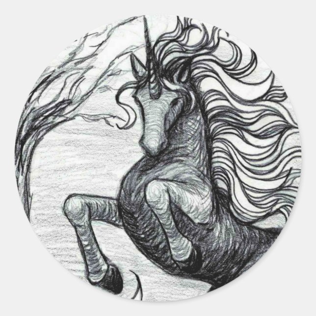 Sticker Rond Unicornes noir licorne noir et blanc dessin (Devant)
