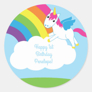 Sticker Rond Unicorns & Rainbows Mignonne 1er anniversaire Thèm