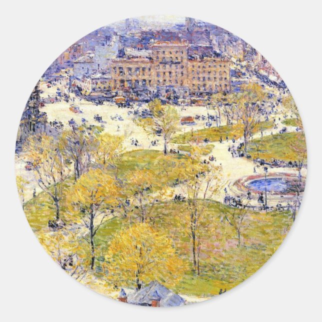 Sticker Rond Union Square au printemps par Frederick Childe Has (Devant)