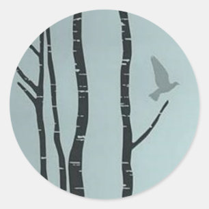 Sticker Rond Unique bouleau argenté, oeuvre d'art ornithologiqu
