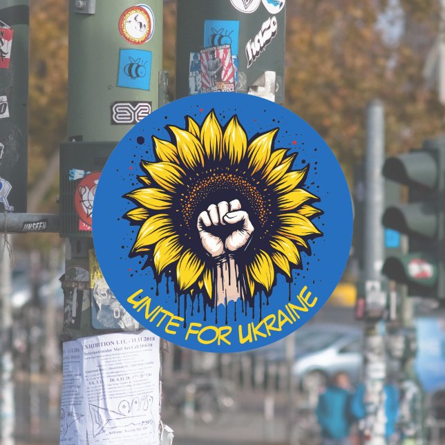 Sticker Rond Unite for Ukraine Sunflower & Fist (Créateur téléchargé)