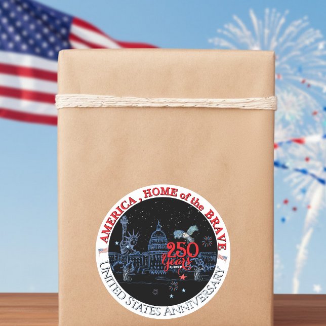 Sticker Rond US 250 America Home of the Brave Commemorative (US 250 America Home of the Brave Commemorative Classic Round Sticker)