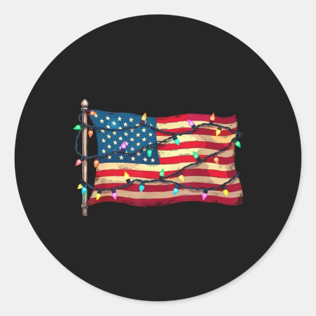 Sticker Rond Us American Flag Christmas Lights Xmas Party Santa (Devant)