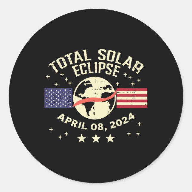 Sticker Rond Us Drapeau Solaire Eclipse 2024 Totalité Avril 8 H (Devant)