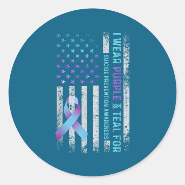 Sticker Rond Us Flag I Wear Purple And Teal Suicide Prevention  (Devant)