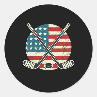 Sticker Rond Us Flag Patriotic American Hockey Player Ice Hocke