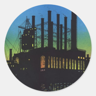 Sticker Rond Usine de fabrication au coucher du soleil, Entrepr