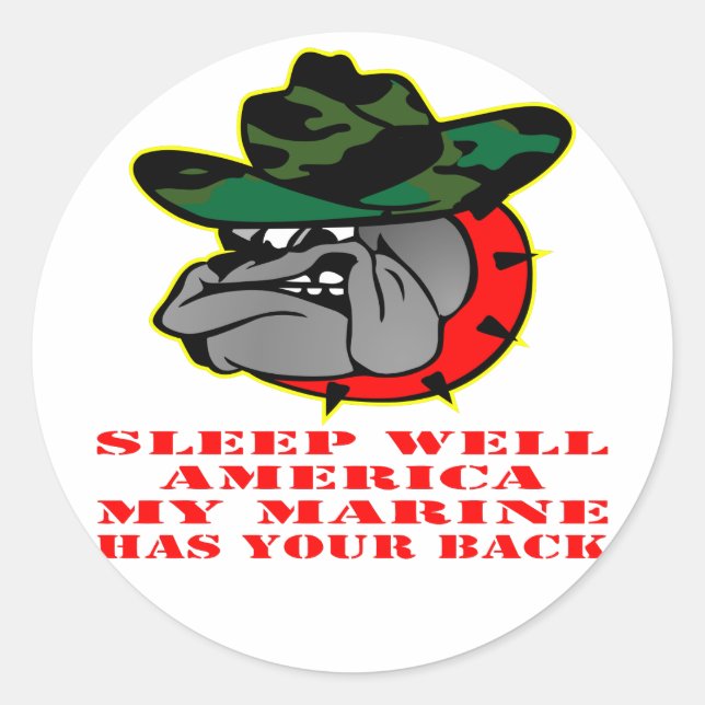 Sticker Rond USMC Dormez bien l'Amérique Ma Marine a votre dos (Devant)