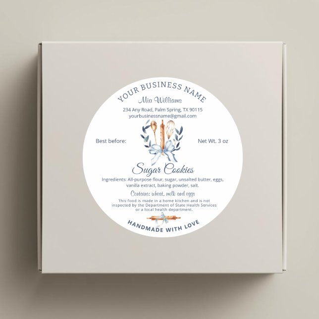 Sticker Rond Ustensiles à ruban bleu Cuisine de la loi sur la n (Blue Bow coquette Utensils cooking Cottage law food label)