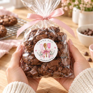 Sticker Rond Ustensiles Roses Boulangerie Fabriqués Avec Amour