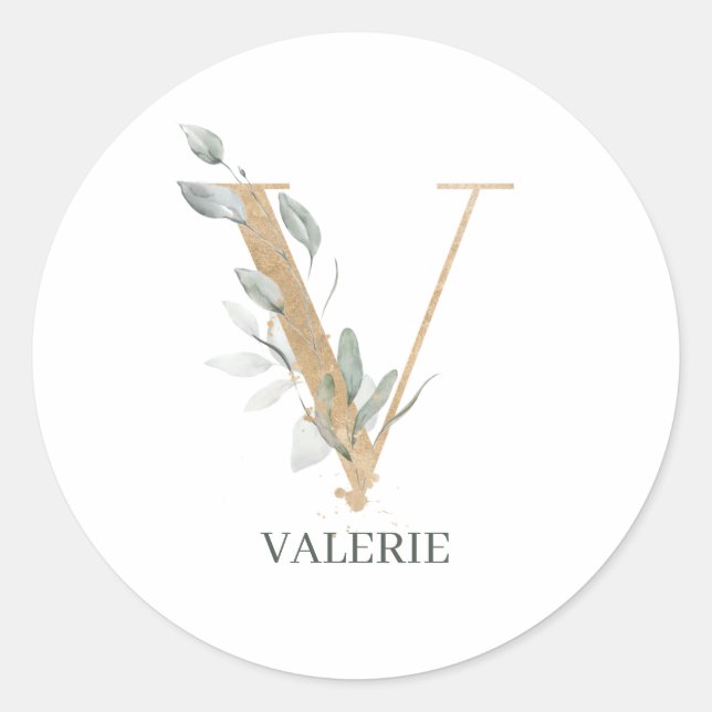 Sticker Rond V Monogramme Floral Personnalisé (Devant)