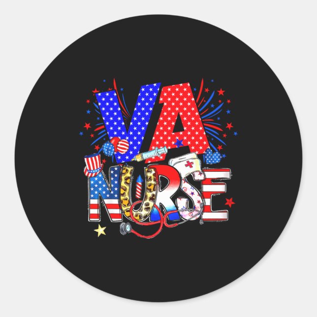 Sticker Rond Va Nurse 4th Of July American Flag Stethoscope  (Devant)