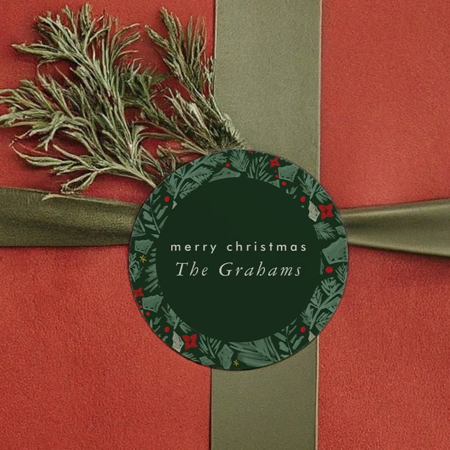 Sticker Rond Vacances Botaniques Festives en Vert (Green Festive Botanical Holiday Classic Round Sticker)