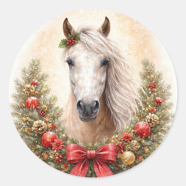 Sticker Rond Vacances de Noël Beau Cheval et Couronne (Devant)