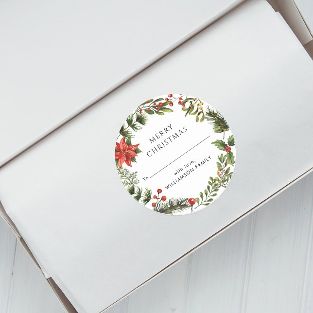 Sticker Rond Vacances de Noël en famille Botanique Moderne (Christmas Red Berries Botanical Modern Round Sticker)