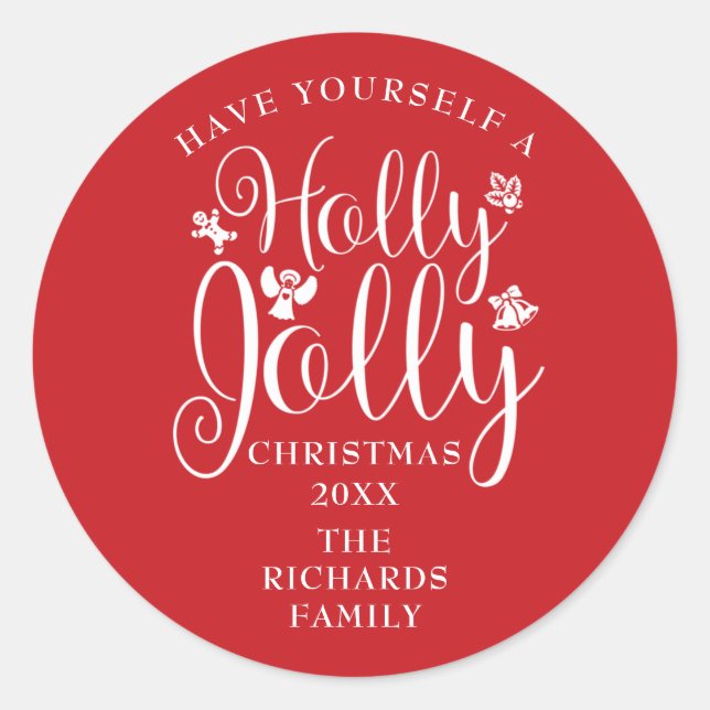 Sticker Rond Vacances de Noël Holly Jolly Nom de la famille (Devant)