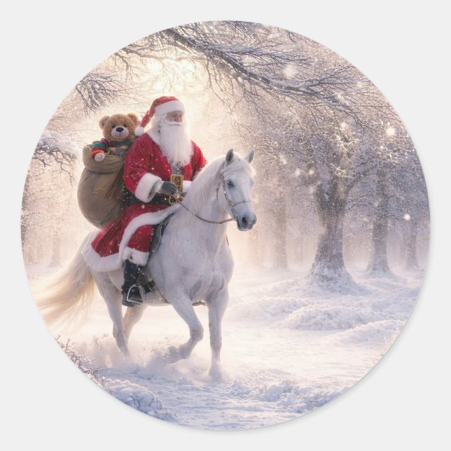 Sticker Rond Vacances de Noël Santa et Cheval (Devant)