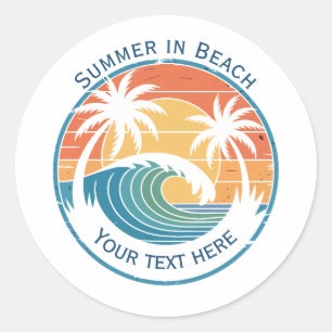 Sticker Rond Vacances d'été à la plage avec soleil et vague de