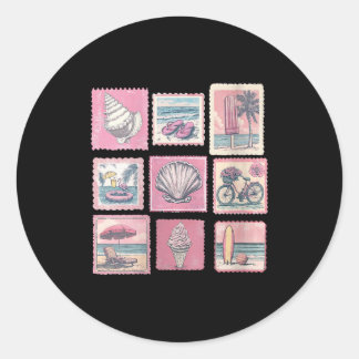 Sticker Rond Vacances d'été à la plage côtière rose vintage pou