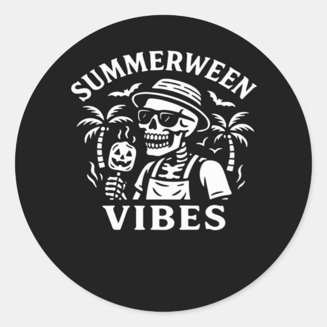 Sticker Rond Vacances d'été Summerween Vibes Skeleton Hallowee (Devant)