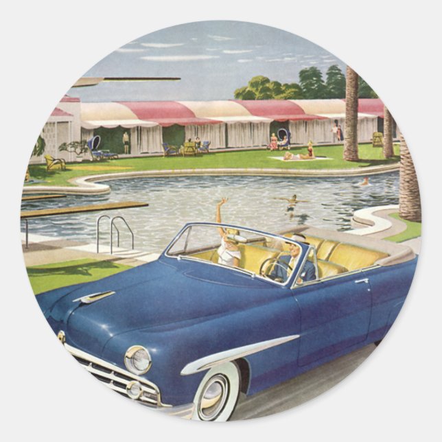 Sticker Rond Vacances d'été vintage, voiture convertible et mot (Devant)