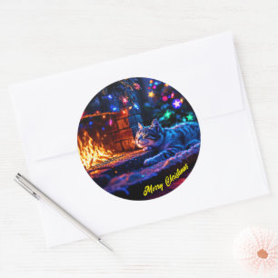 Sticker Rond Vacances d'hiver mignon chat lumières de Noël