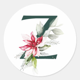 Sticker Rond Vacances d'hiver MONOGRAMME poinsettia rouge baies