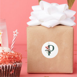 Sticker Rond Vacances d'hiver MONOGRAMME poinsettia rouge baies